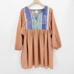 World Market Tunic Dress Kantha Quilted Yoke Boho Orange S/M Artisan Cotton
